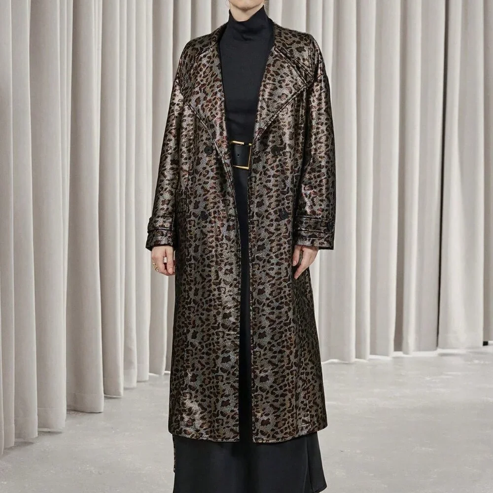 Multicolor Elegant Women's Leopard Print Faux Leather Trench coat / Jacket